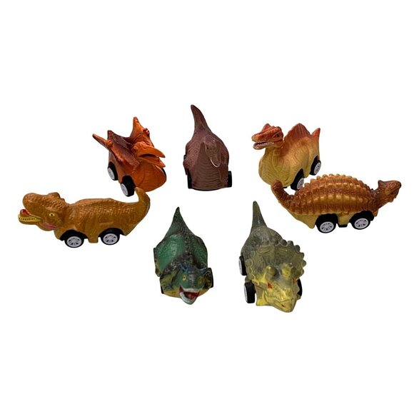 Pull Back Dinosaur Cars Lot of 7 Assorted Colors Designs Textures Rolling Toys - Picture 2 of 6